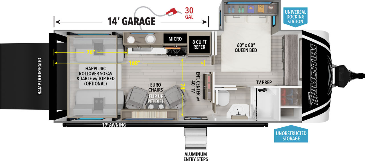This Momentum Travel Trailer features a 14’ Garage, euro chairs, and Queen bed. 