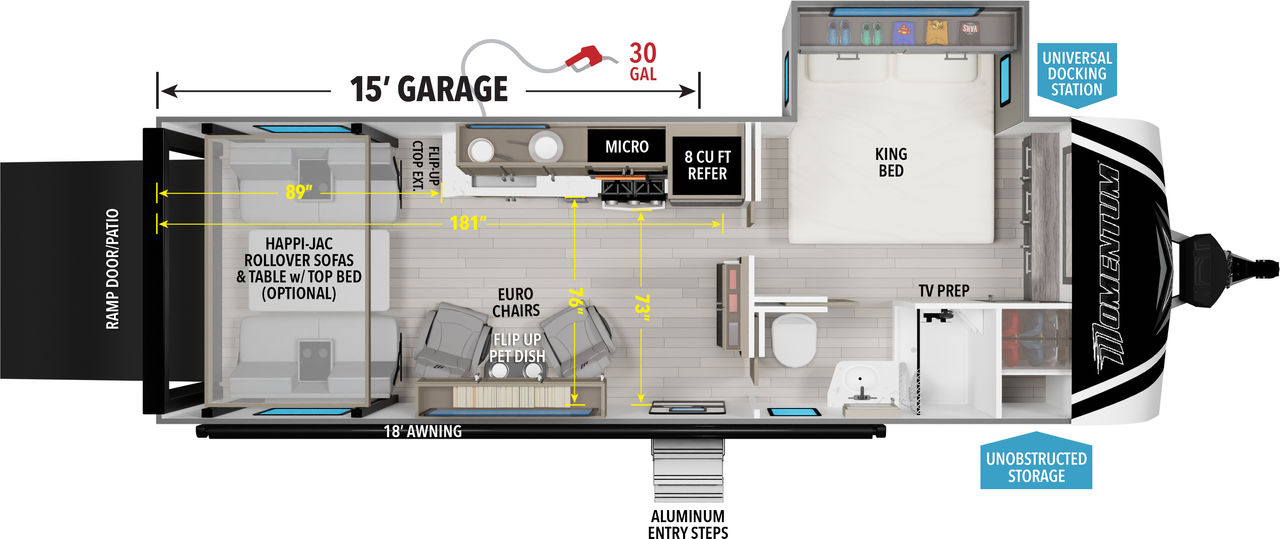 This Momentum Travel Trailer features a 15’ Garage, euro chairs, and Queen bed. 