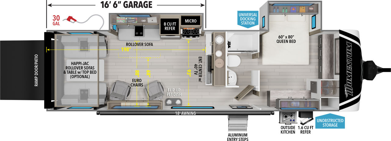This Momentum Travel Trailer features a 16’6” Garage, outside kitchen, and Queen bed. 