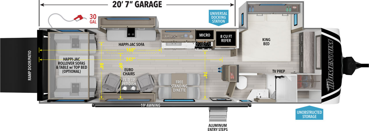 This Momentum Travel Trailer features a 20’7” Garage, free standing dinette, and Queen bed. 