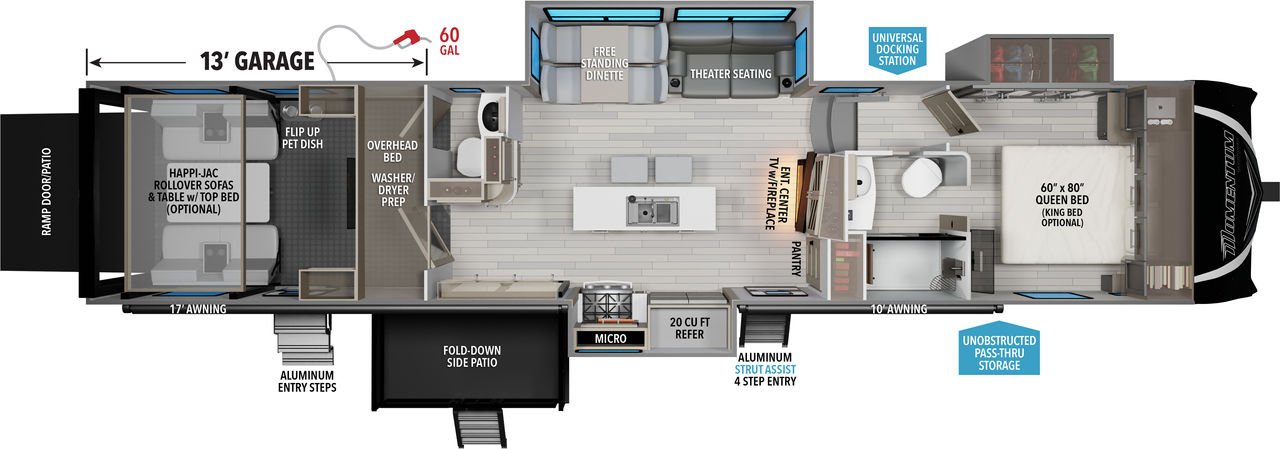 This Momentum Fifth Wheel features a 13’ Garage, Free Standing Dinette and Queen bed. 
