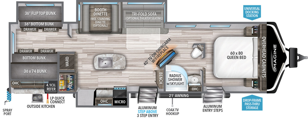 This travel trailer floorplan features a rear bunk room with front Queen Bed.