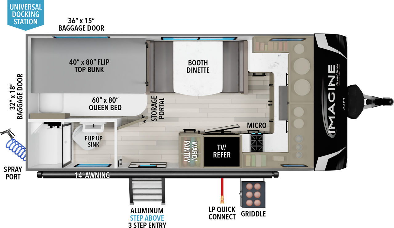 This travel trailer floorplan features rear bunks, bathroom and Booth Dinette.