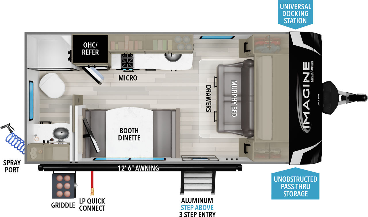 This travel trailer floorplan features a rear bathroom with front Queen Murphy Bed.