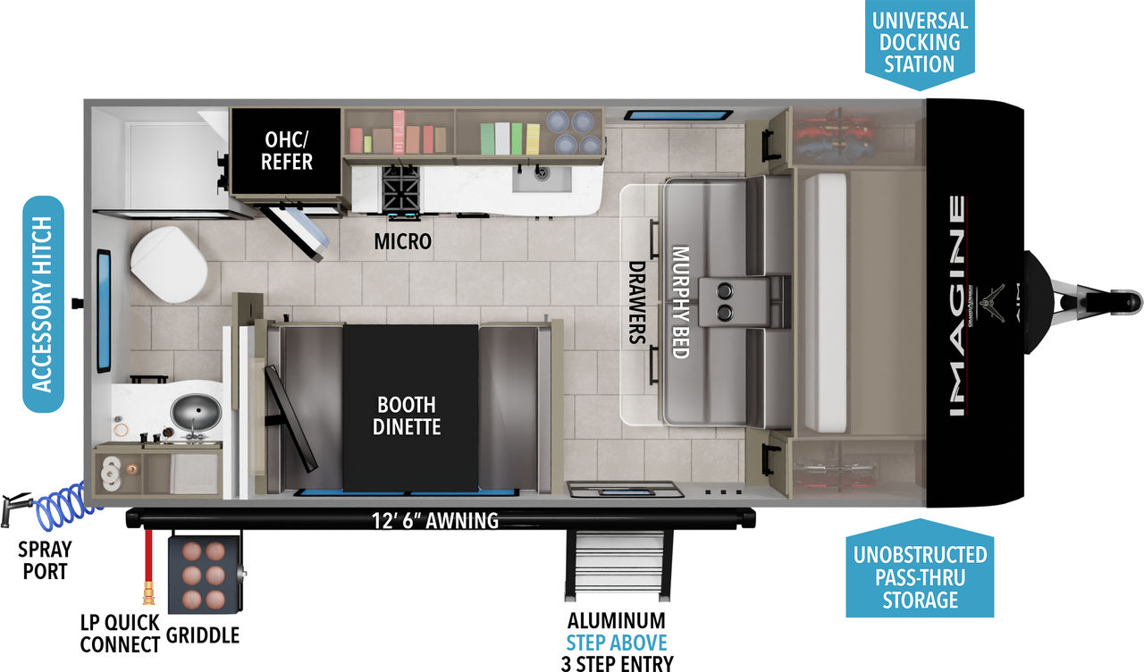 This travel trailer floorplan features a rear bathroom with front Queen Murphy Bed.