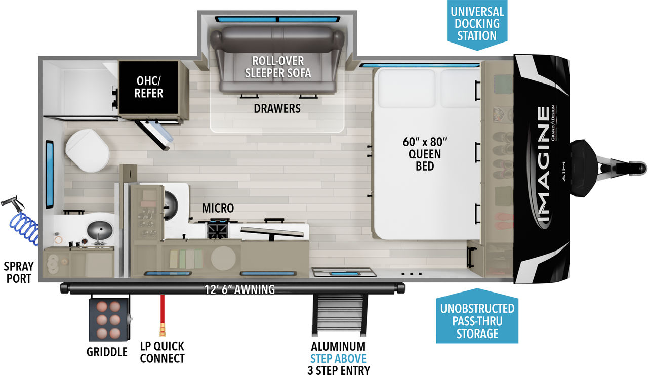This travel trailer floorplan features a rear bathroom with Roll-Over Sleeper Sofa and front Queen Bed.