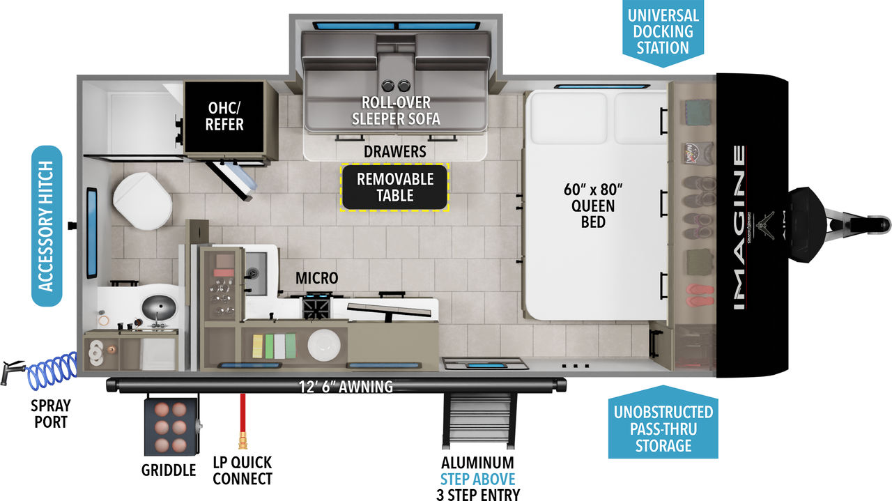 This travel trailer floorplan features a rear bathroom with Roll-Over Sleeper Sofa and front Queen Bed.