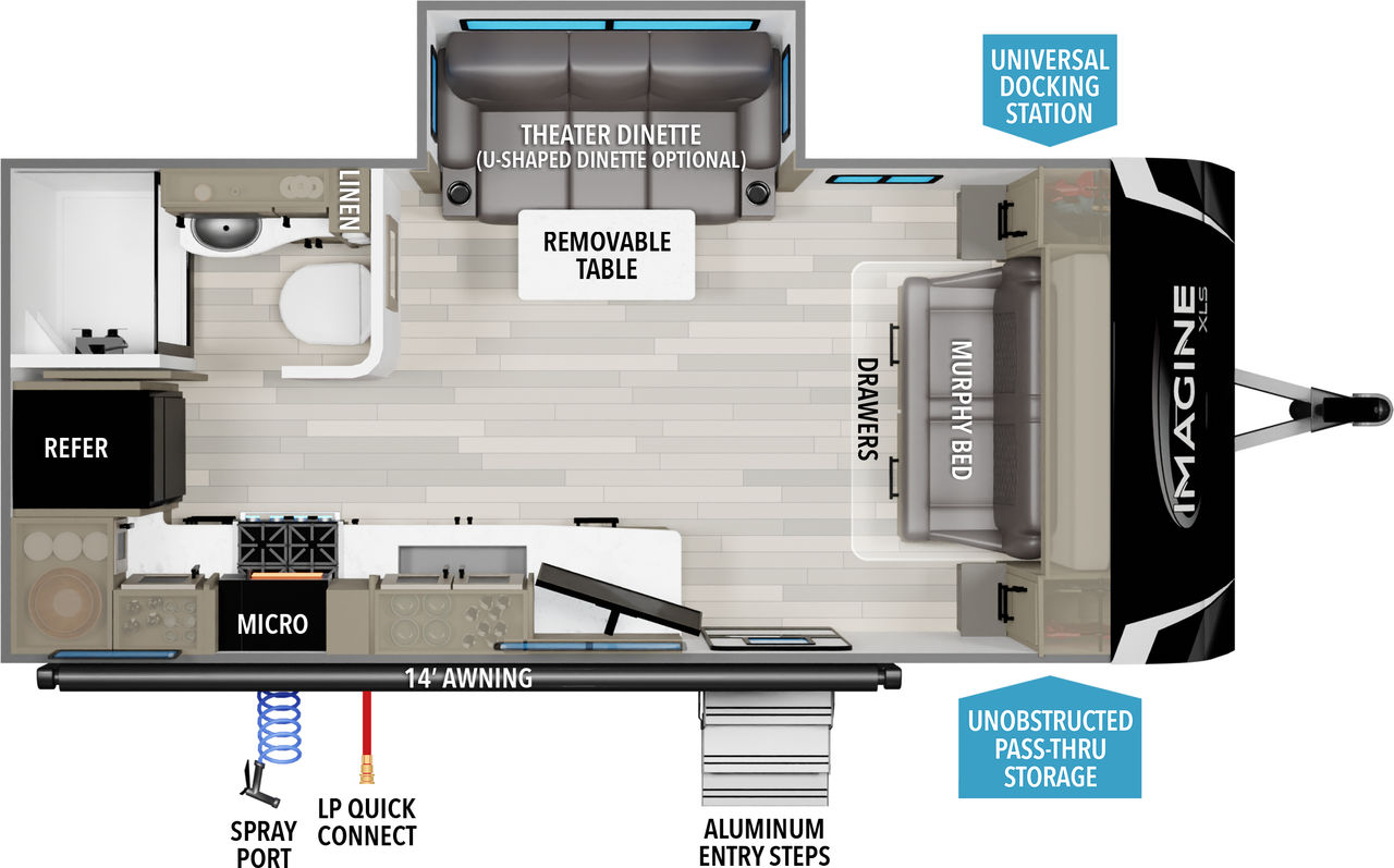 This travel trailer floorplan features a rear bathroom and kitchen with front Murphy Bed.