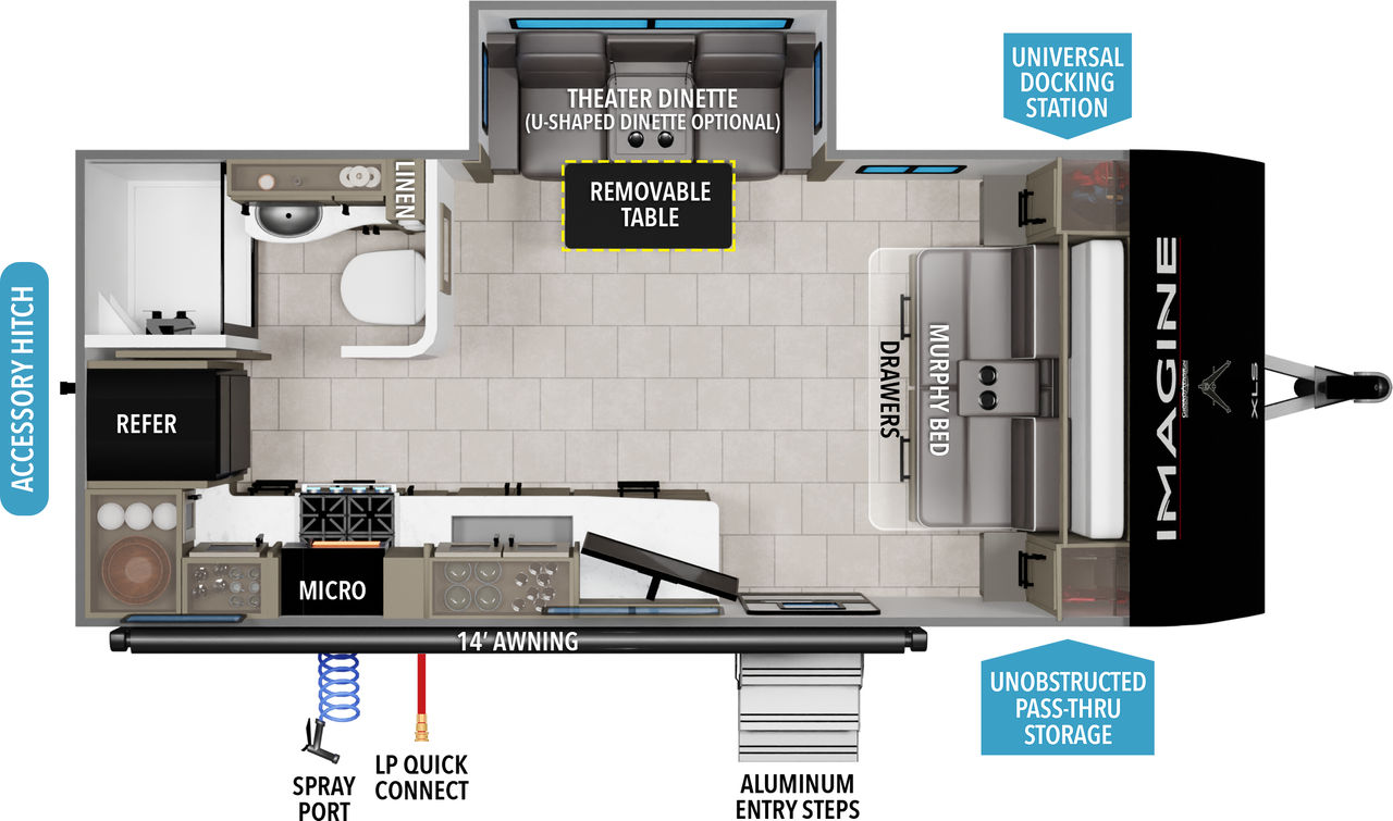 This travel trailer floorplan features a rear bathroom and kitchen with front Murphy Bed.