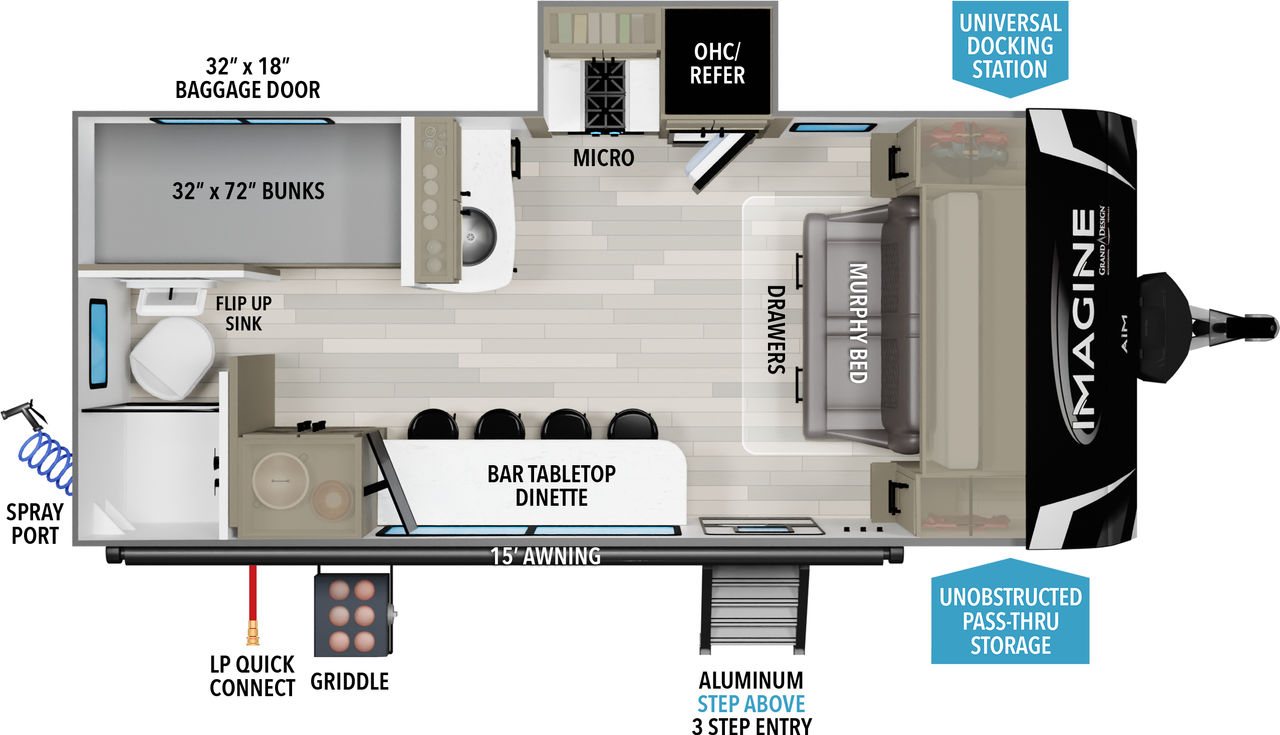 This travel trailer floorplan features a rear bathroom, bunk beds, bar tabletop dinette, and front Queen Murphy Bed.