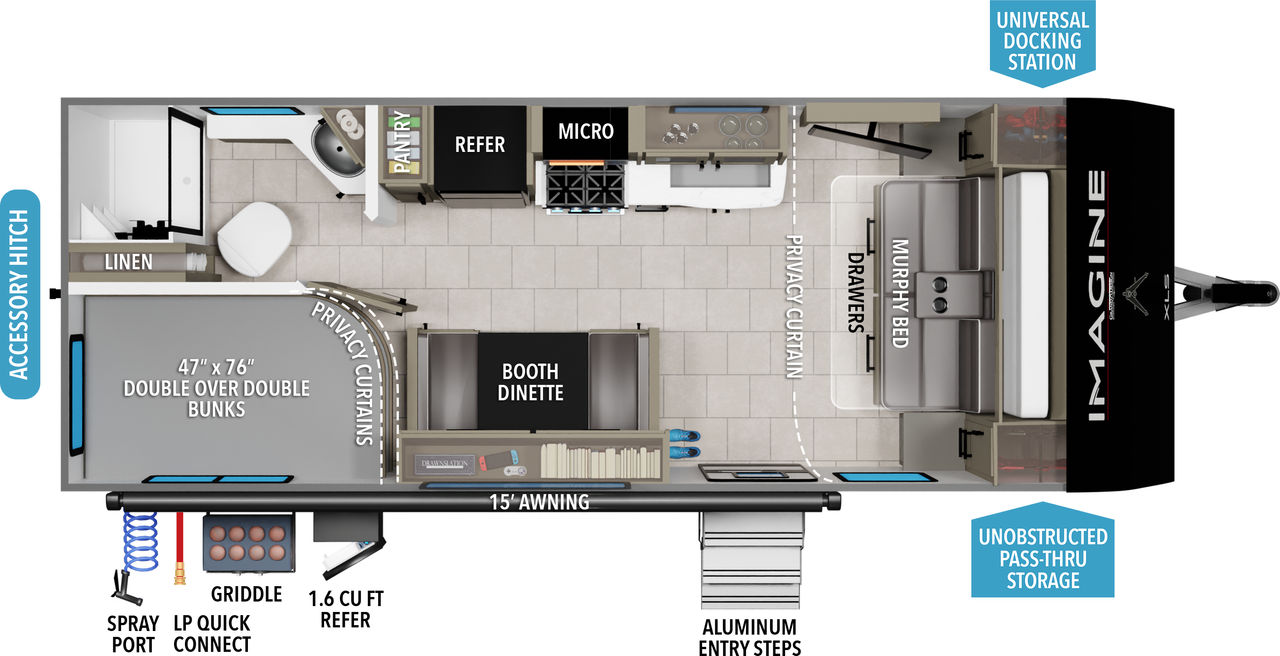 This travel trailer floorplan features a rear bathroom and bunk beds with front Queen Murphy Bed.