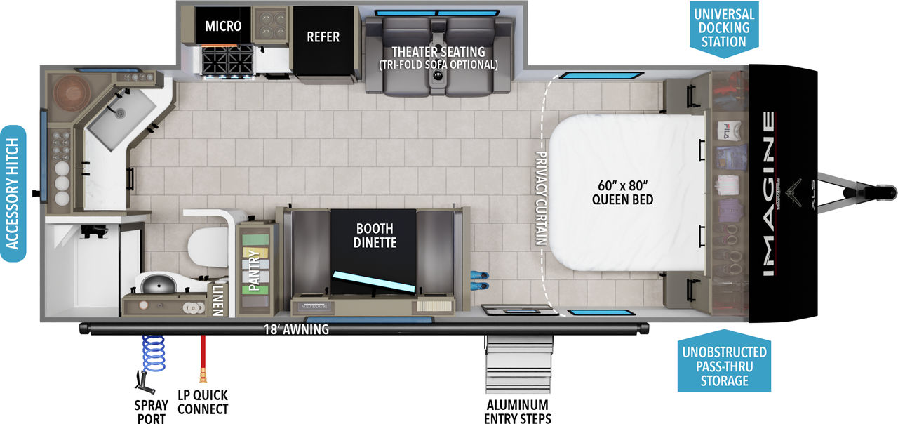 This travel trailer floorplan features a rear bathroom and kitchen with front Queen Bed.