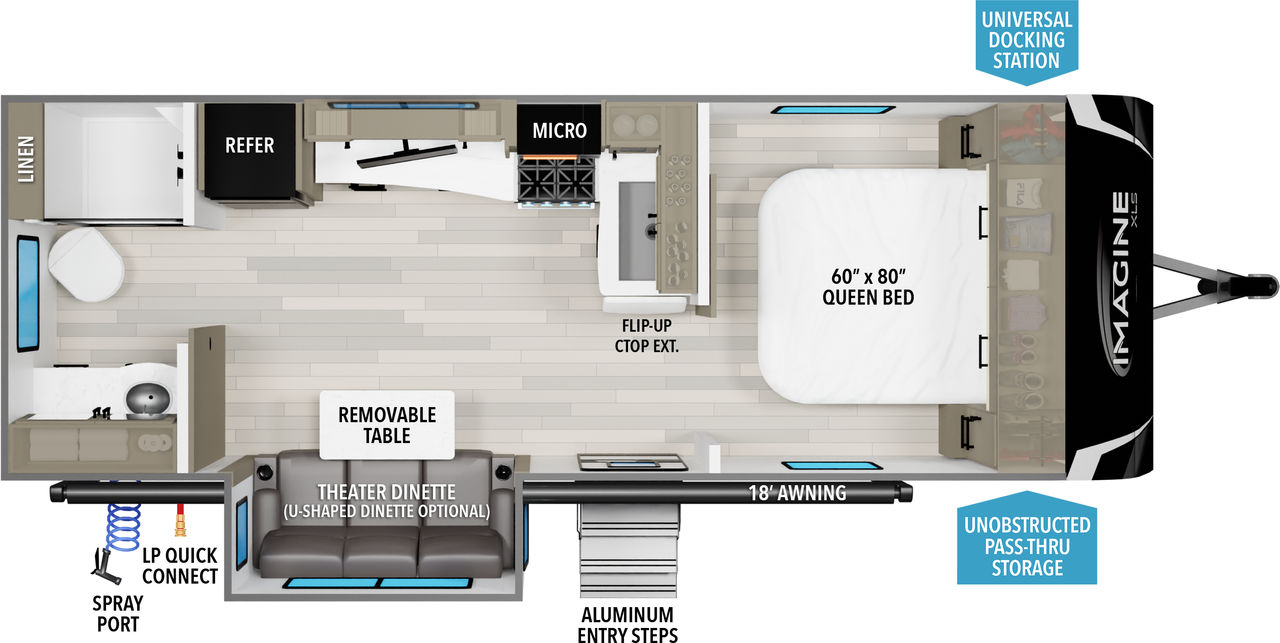 This travel trailer floorplan features a rear bathroom and mid kitchen with front Queen Bed.