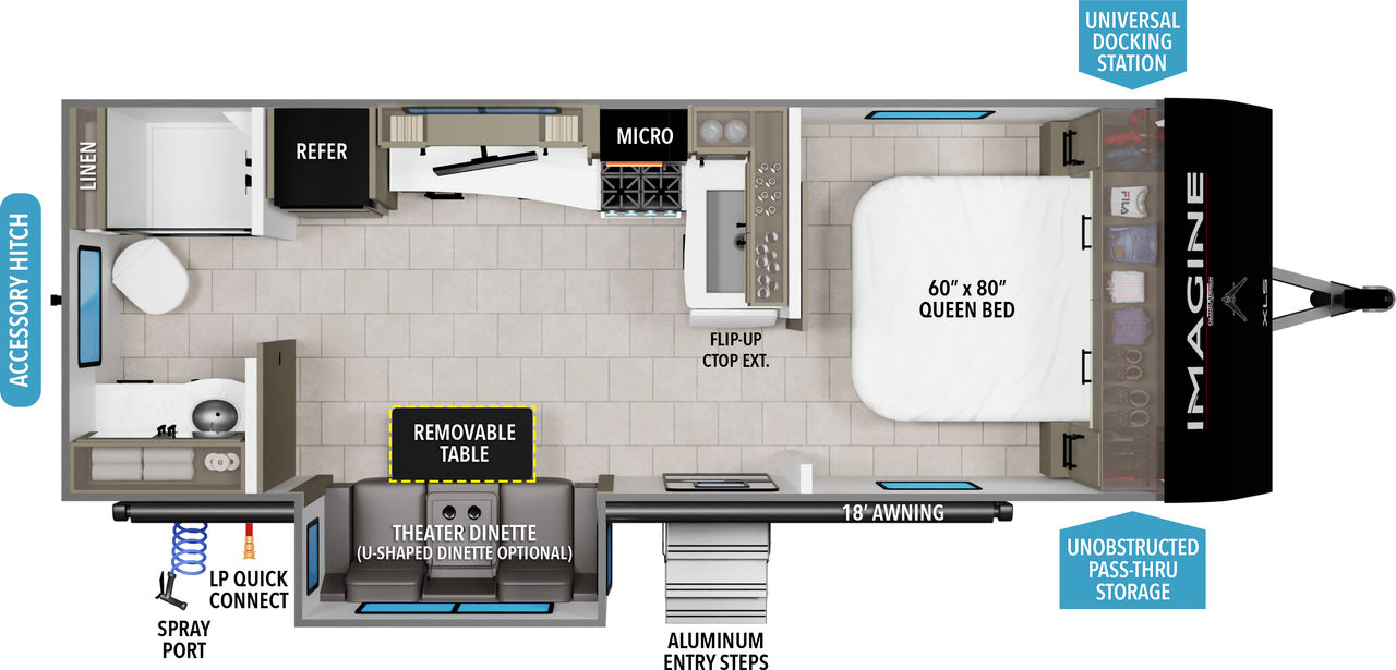 This travel trailer floorplan features a rear bathroom and mid kitchen with front Queen Bed.