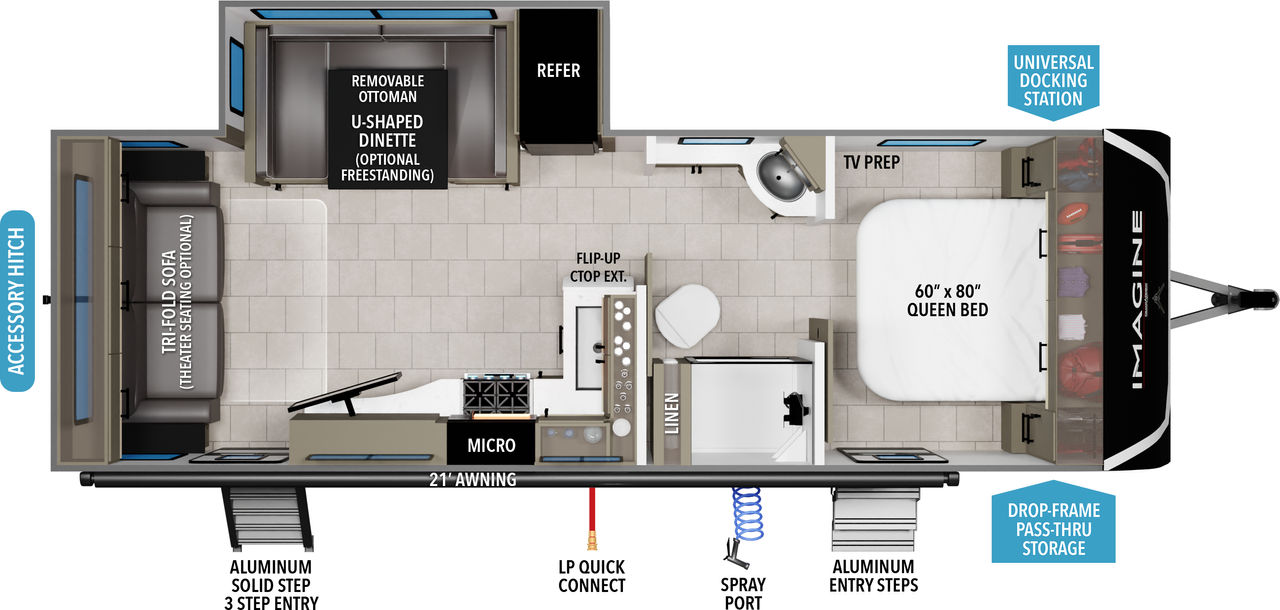 This travel trailer floorplan features a rear living area with mid Bathroom and front Queen Bed.