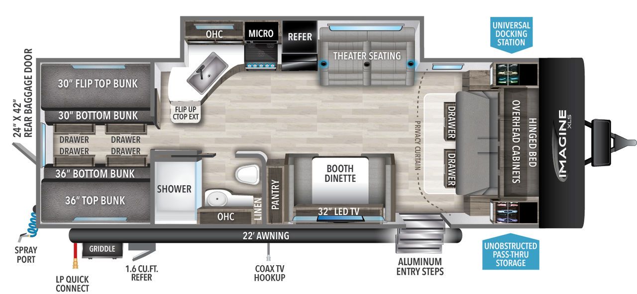 This travel trailer floorplan features a rear bunk bed room with Theater Seating and Booth Dinette.