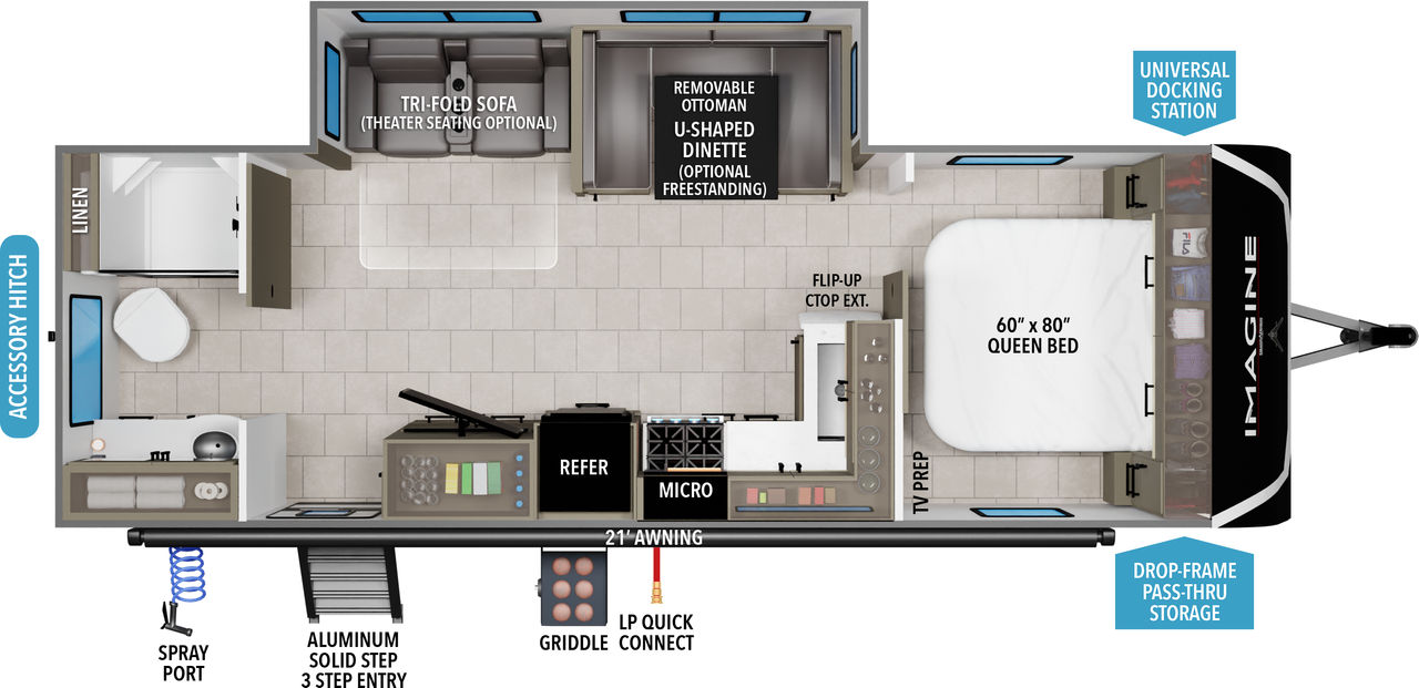 This travel trailer floorplan features a rear bathroom with U-Shaped Dinette and front Queen Bed.