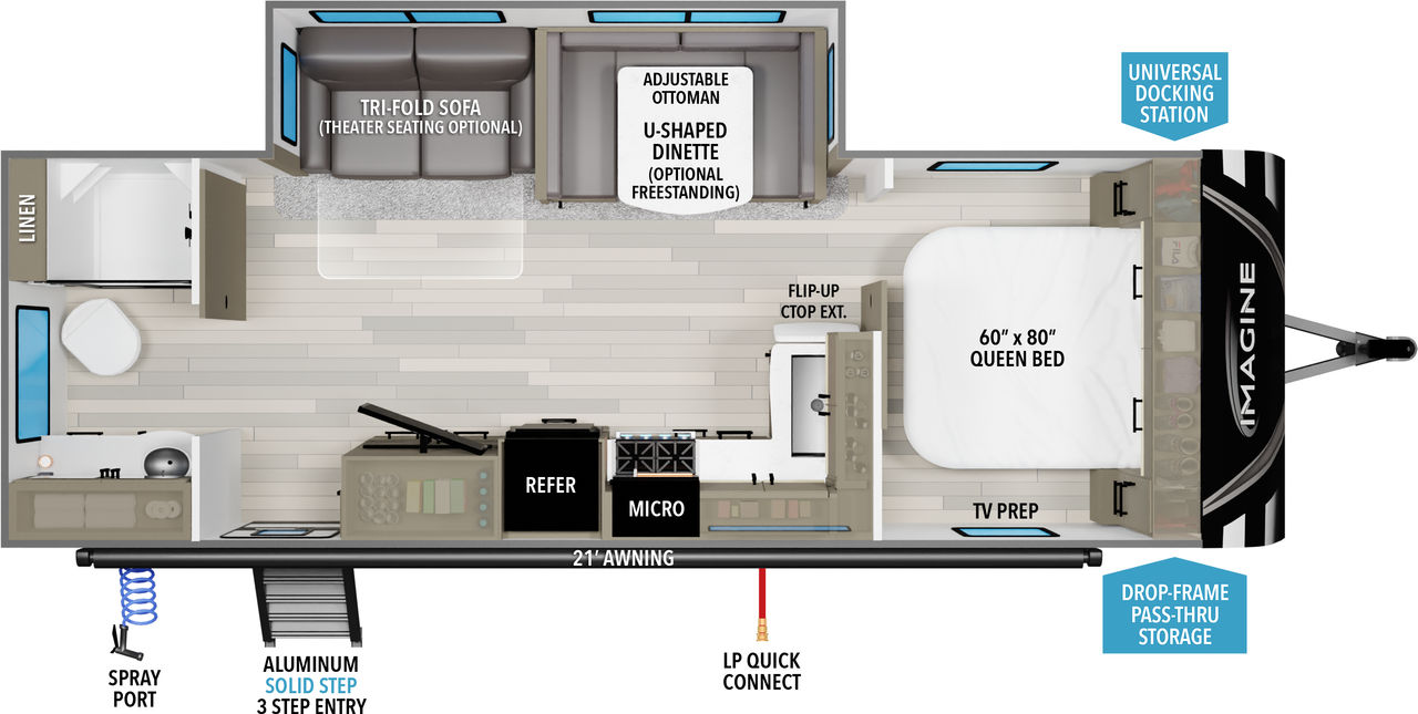 This travel trailer floorplan features a rear bathroom with U-Shaped Dinette and front Queen Bed.