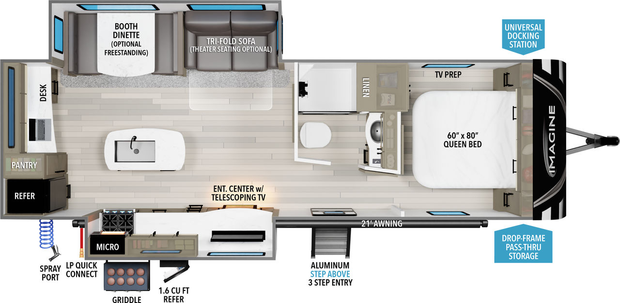 This travel trailer floorplan features a rear kitchen and Desk with front Queen Bed.