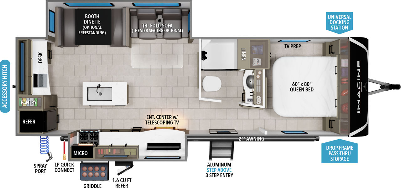 This travel trailer floorplan features a rear kitchen and Desk with front Queen Bed.