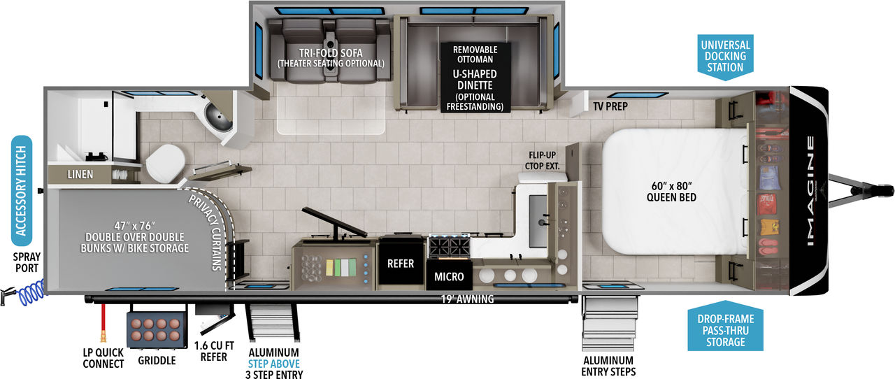 This travel trailer floorplan features a rear bathroom and bunk beds with front Queen Bed.