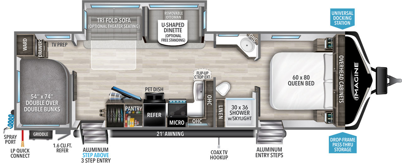 This travel trailer floorplan features a rear bunk beds with mid kitchen and front Queen Bed.