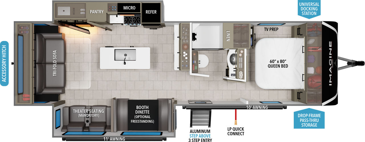 This travel trailer floorplan features a rear living area with front Queen Bed.