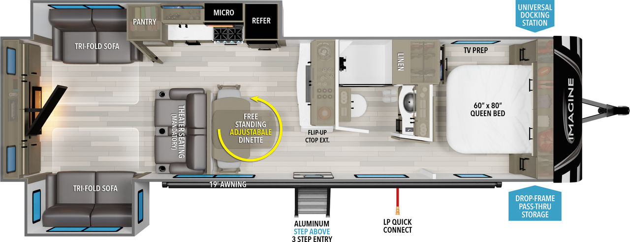 This travel trailer floorplan features a rear entertainment center, free standing dinette and front Queen Bed.