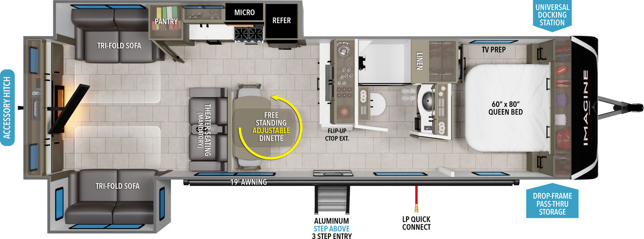 This travel trailer floorplan features a rear entertainment center, free standing dinette and front Queen Bed.