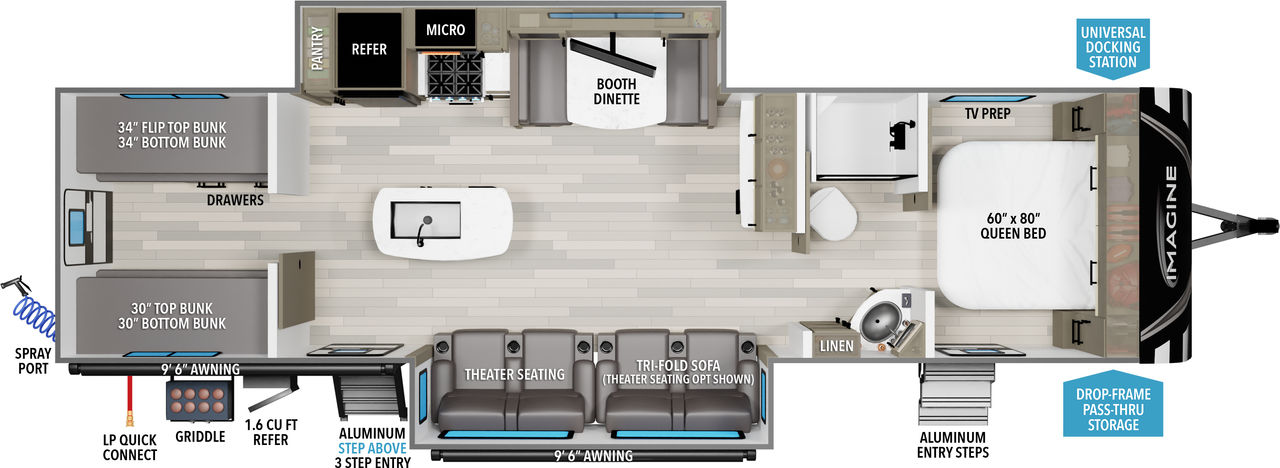 This travel trailer floorplan features a rear bunk room with front Queen Bed.