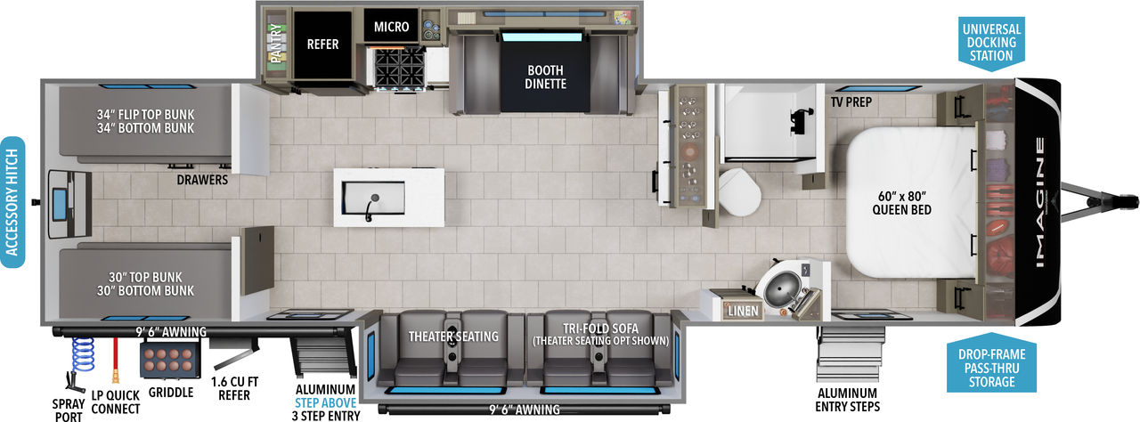 This travel trailer floorplan features a rear bunk room with front Queen Bed.