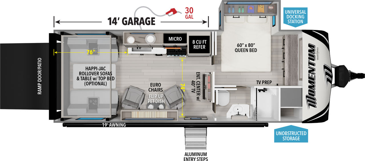 This Momentum Travel Trailer features a 14’ Garage, euro chairs, and Queen bed. 