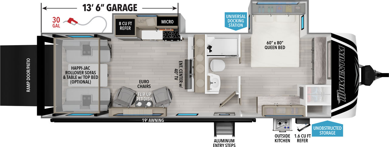 This Momentum Travel Trailer features a 13’6” Garage, outside kitchen, and Queen bed. 