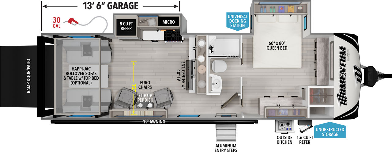 This Momentum Travel Trailer features a 13’6” Garage, outside kitchen, and Queen bed. 