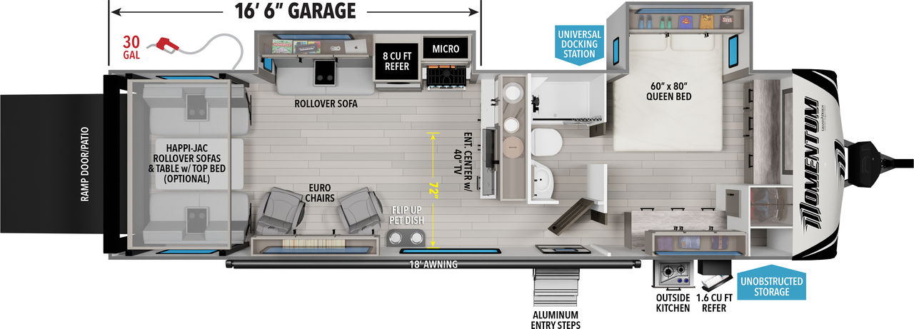 This Momentum Travel Trailer features a 16’6” Garage, outside kitchen, and Queen bed. 