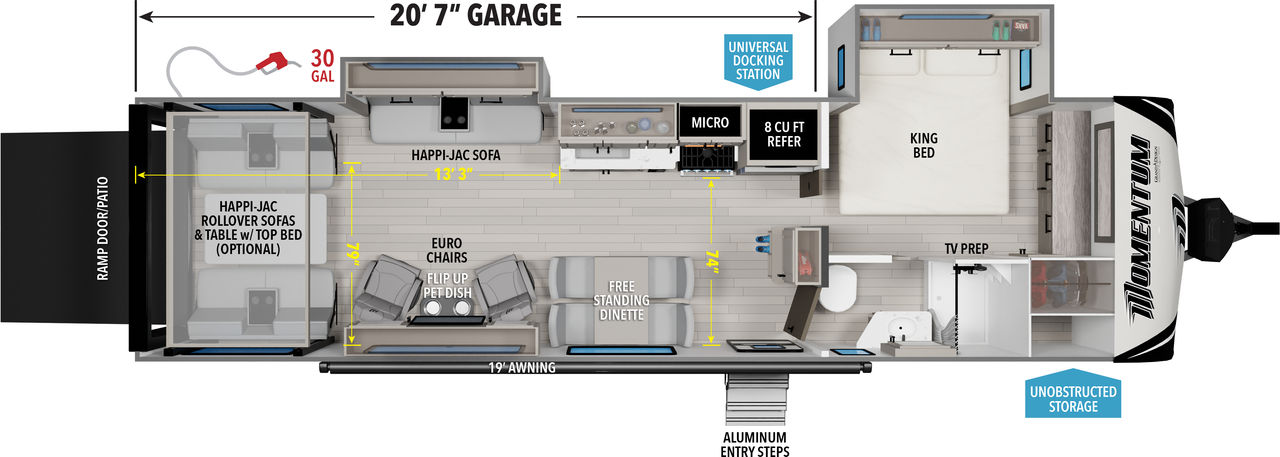 This Momentum Travel Trailer features a 20’7” Garage, free standing dinette, and Queen bed. 