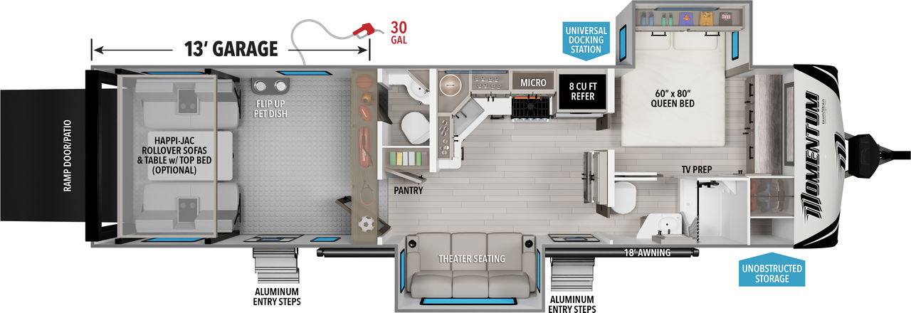 This Momentum Travel Trailer features a 13’ Garage, theatre seating, and Queen bed. 