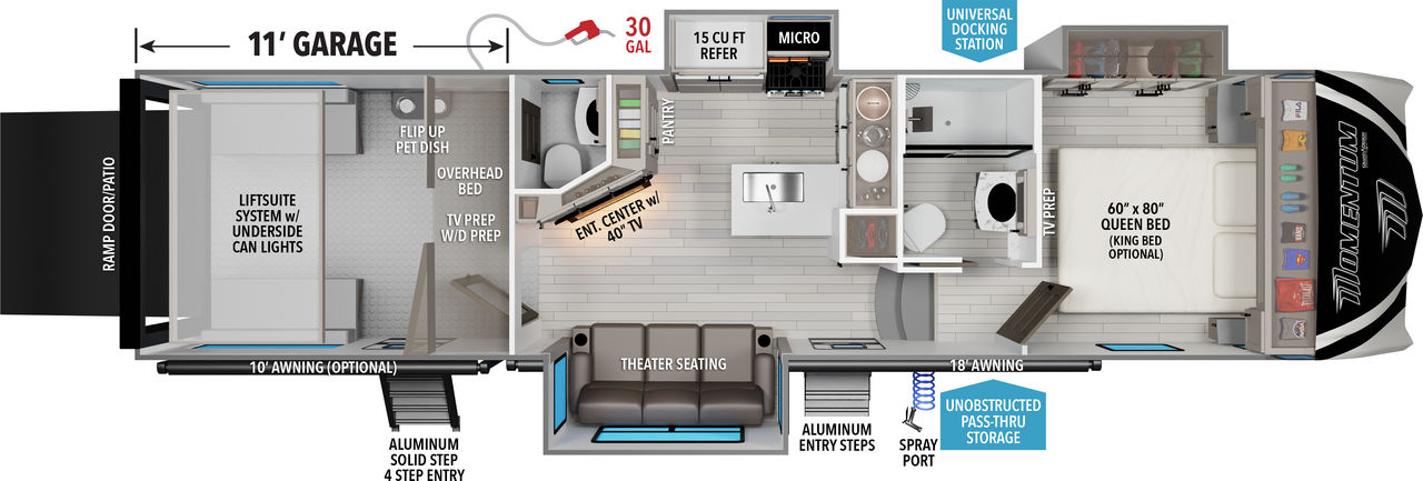 This Momentum Fifth Wheel features a 11’ Garage,  theatre seating, and Queen bed. 