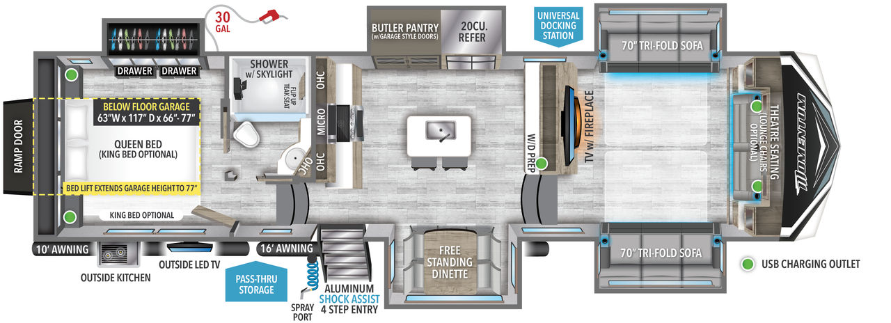 This Momentum Fifth Wheel features a below floor garage, butler pantry, Queen bed and front living area. 