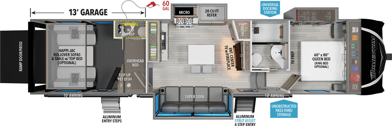 This Momentum Fifth Wheel features a 13’ Garage, 4 seat sofa, and Queen bed. 