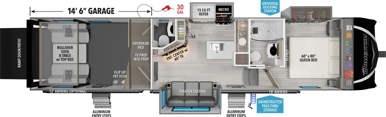 This Momentum Fifth Wheel features a 14’6” Garage, 2 bathrooms, theatre seating, and Queen bed. 