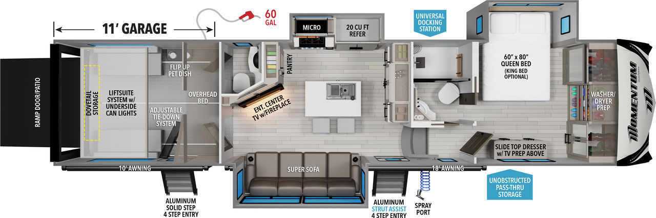 This Momentum Fifth Wheel features a 11’ Garage, 4 seat sofa, and Queen bed with Walk-In Closet. 