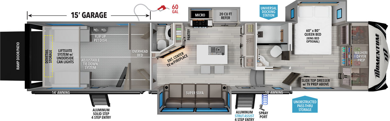 This Momentum Fifth Wheel features a 15’ Garage, 4 seat sofa, and Queen bed with Walk-In Closet. 