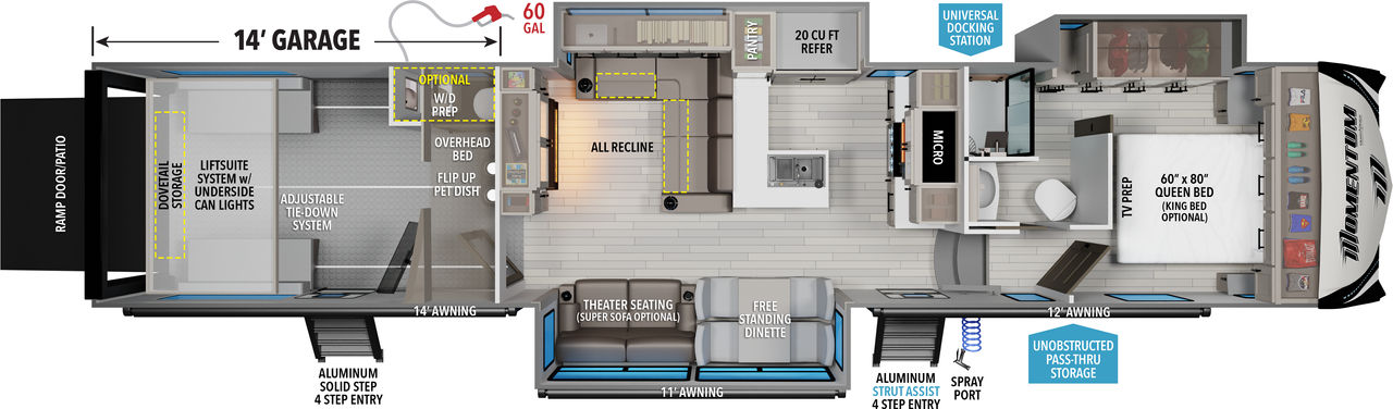 This Momentum Fifth Wheel features a 14’ Garage, pull out sofa, and Queen bed. 