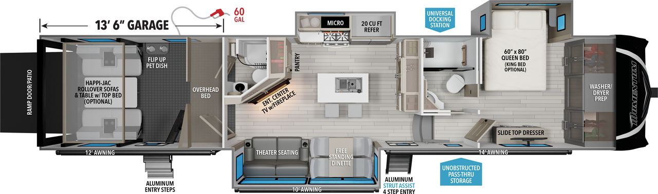 This Momentum Fifth Wheel features a 13’6” Garage, 2 bathrooms and Queen bed with Walk-In Closet. 