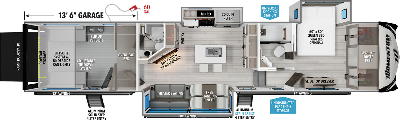 This Momentum Fifth Wheel features a 13’6” Garage, 2 bathrooms and Queen bed with Walk-In Closet. 