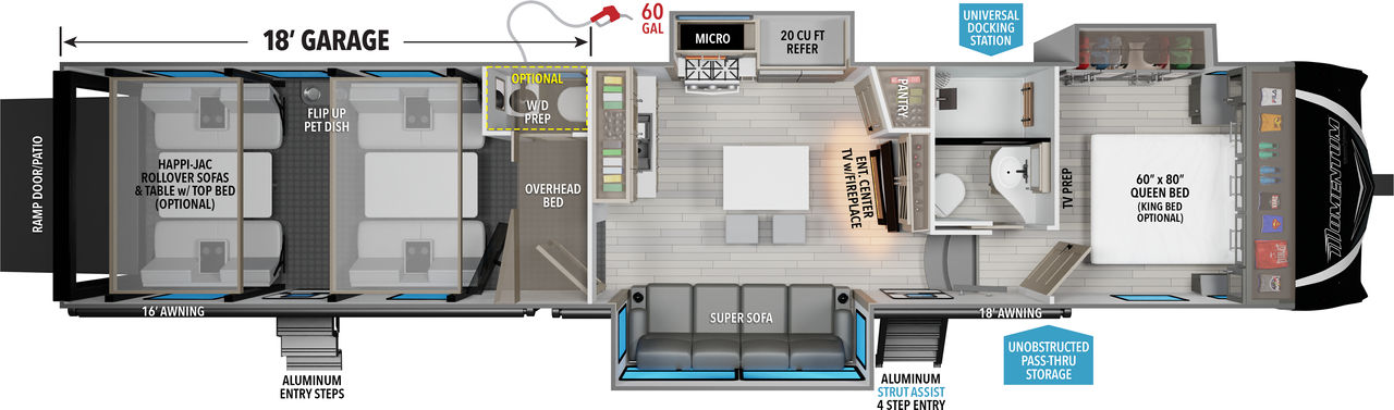 This Momentum Fifth Wheel features a 18’ Garage, 4 seat sofa, and Queen bed. 