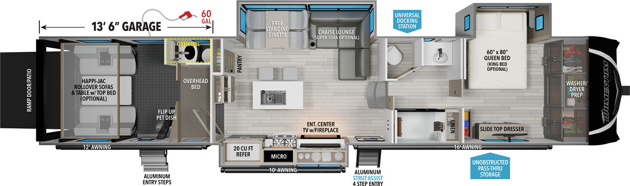 This Momentum Fifth Wheel features a 13’6” Garage, Chase Lounge and Queen bed with Walk-In Closet. 