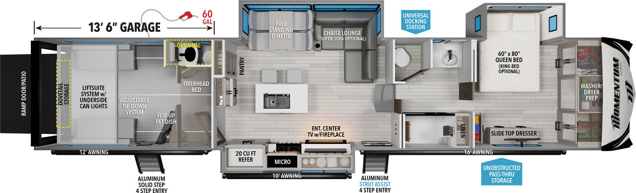 This Momentum Fifth Wheel features a 13’6” Garage, Chase Lounge and Queen bed with Walk-In Closet. 