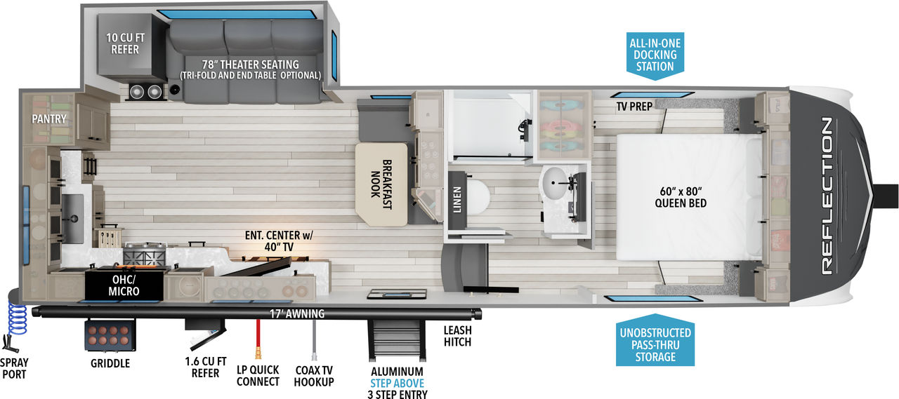 This Reflection Fifth Wheel features a rear kitchen, adjustable dinette and front bedroom with queen bed. 